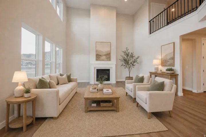 Vaulted ceiling, two-story windows, wood-finish flooring, white fireplace with mantle, and a second-story interior balcony with black railing