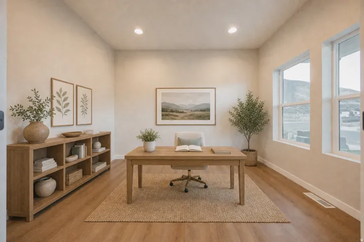 Recessed lighting, light wood-finish flooring, built-in shelving, and multiple windows