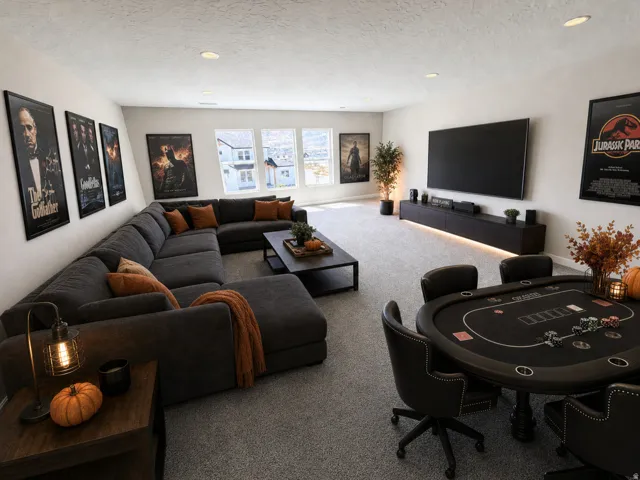 Recessed lighting illuminates the expansive carpeted space, featuring multiple windows, a long built-in media console with ambient lighting, and a gaming table with seating