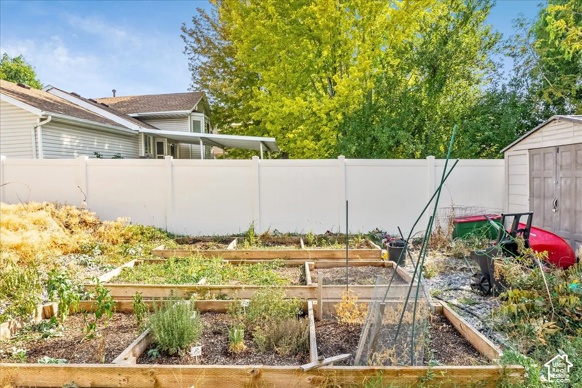 Backyard featuring multiple raised garden beds, a utility shed, and a privacy fence