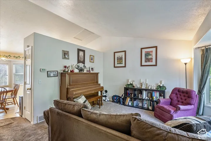 Vaulted ceiling, wall-to-wall carpeting, and a built-in bookshelf
