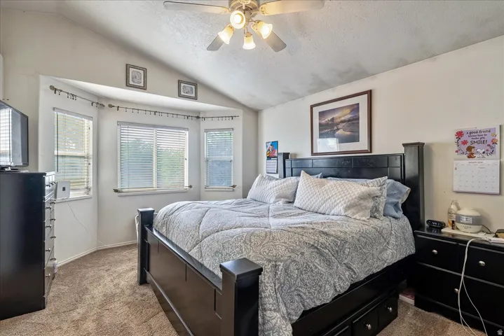 Vaulted ceiling with a ceiling fan light fixture, bay window with blinds, and neutral carpet flooring