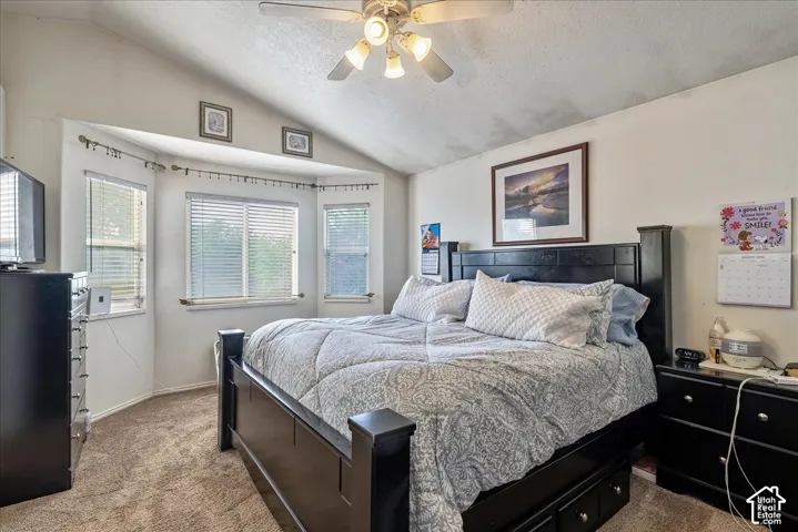 Vaulted ceiling with a ceiling fan light fixture, bay window with blinds, and neutral carpet flooring