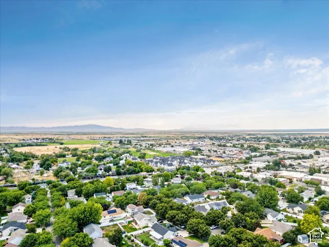 Expansive residential area with mature tree coverage, clear skies, and distant mountain ranges