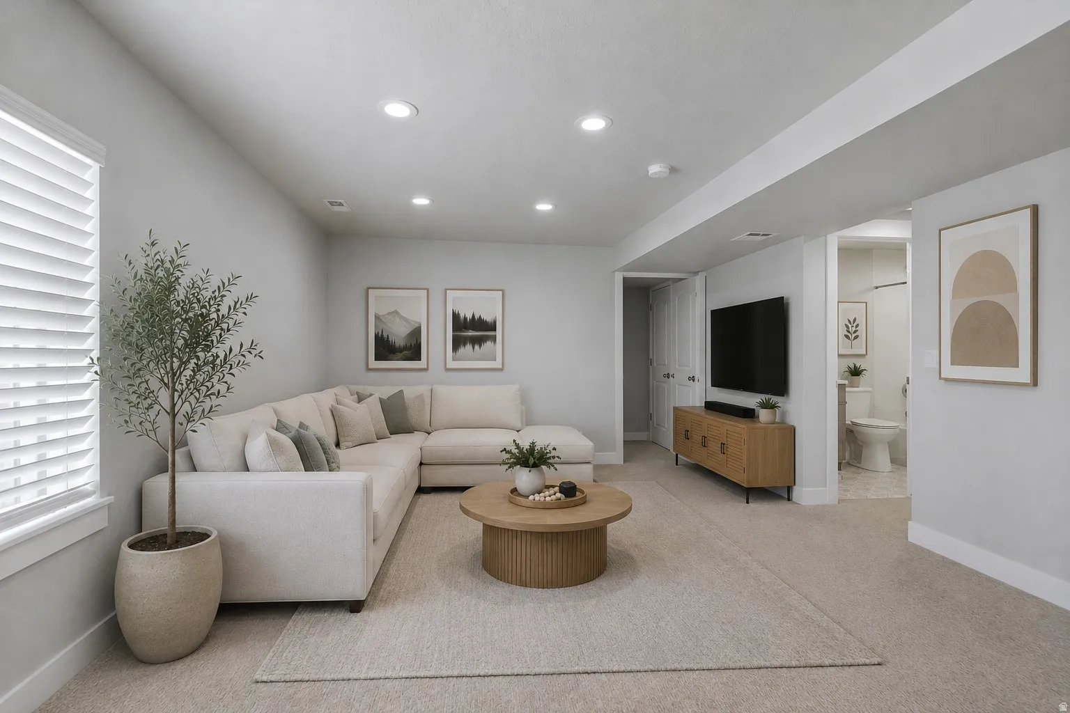 Virtually staged family room for decor ideas. Recessed lighting, light-toned carpeting, window with blinds, and a full bathroom with a toilet and shower.