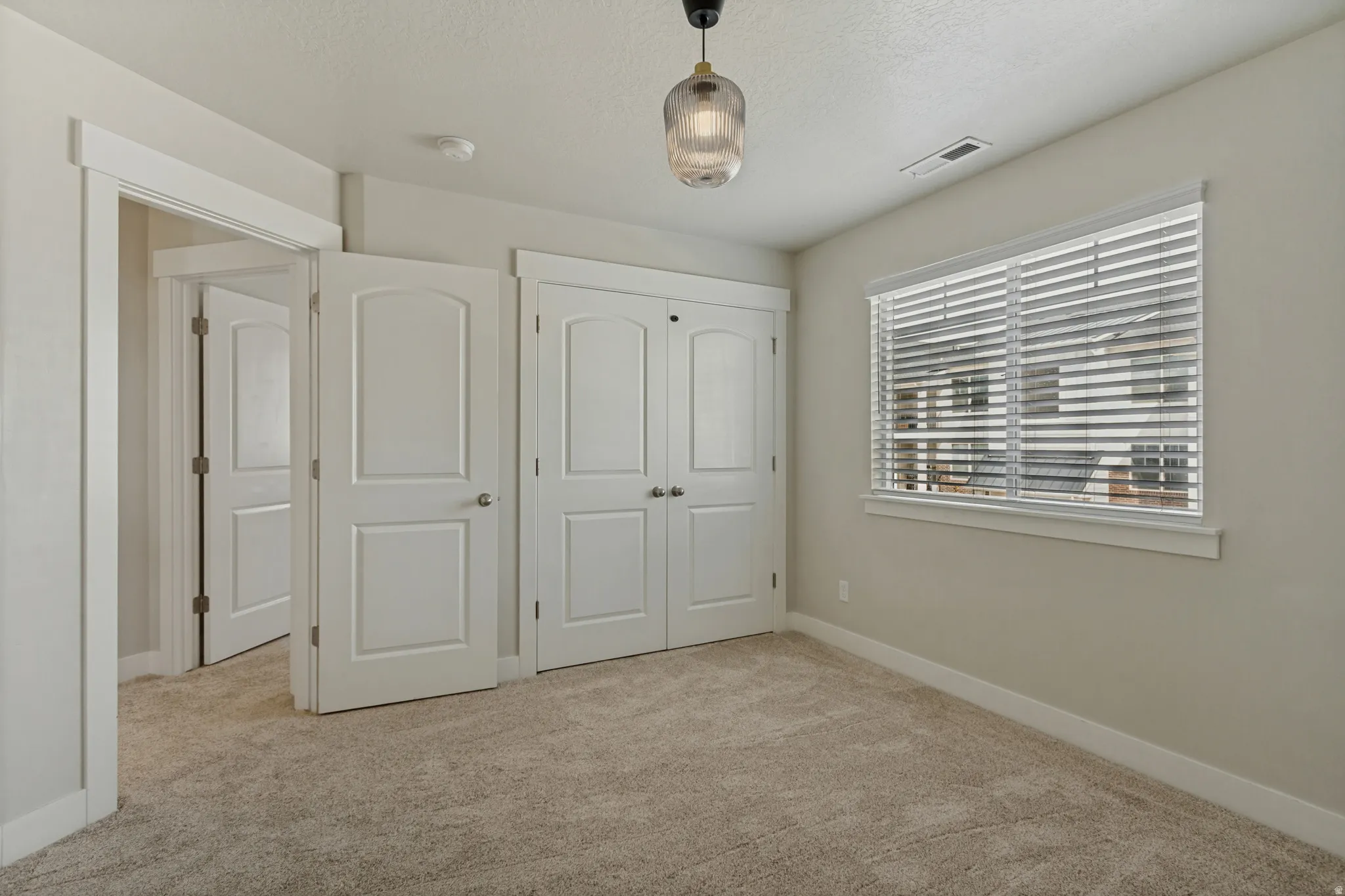 Neutral tone wall finish, plush carpet flooring, white paneled doors, window with horizontal blinds, and a ceiling-mounted light fixture.