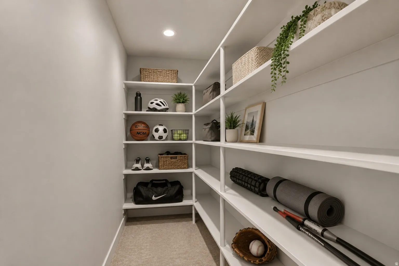 Basement storage area with recessed ceiling lighting, extensive built-in shelving, white wall finishes, and light-toned carpet flooring