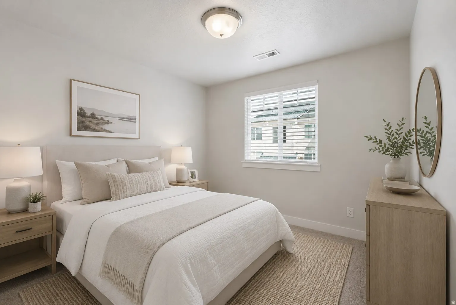 Recessed window with blinds, overhead flush-mount lighting, new carpet, and light-toned wall paint