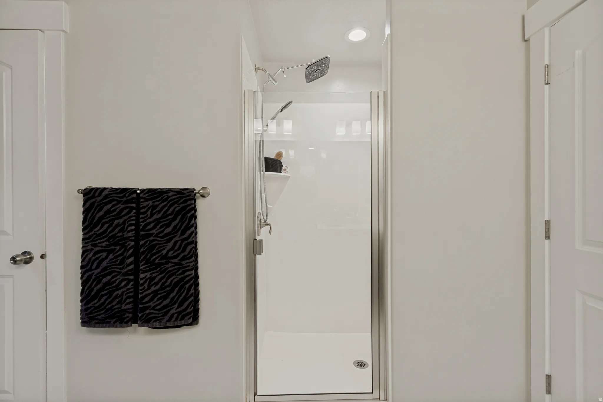Owners bathroom. Glass-enclosed shower with a rainfall showerhead, recessed lighting, and built-in shelving.