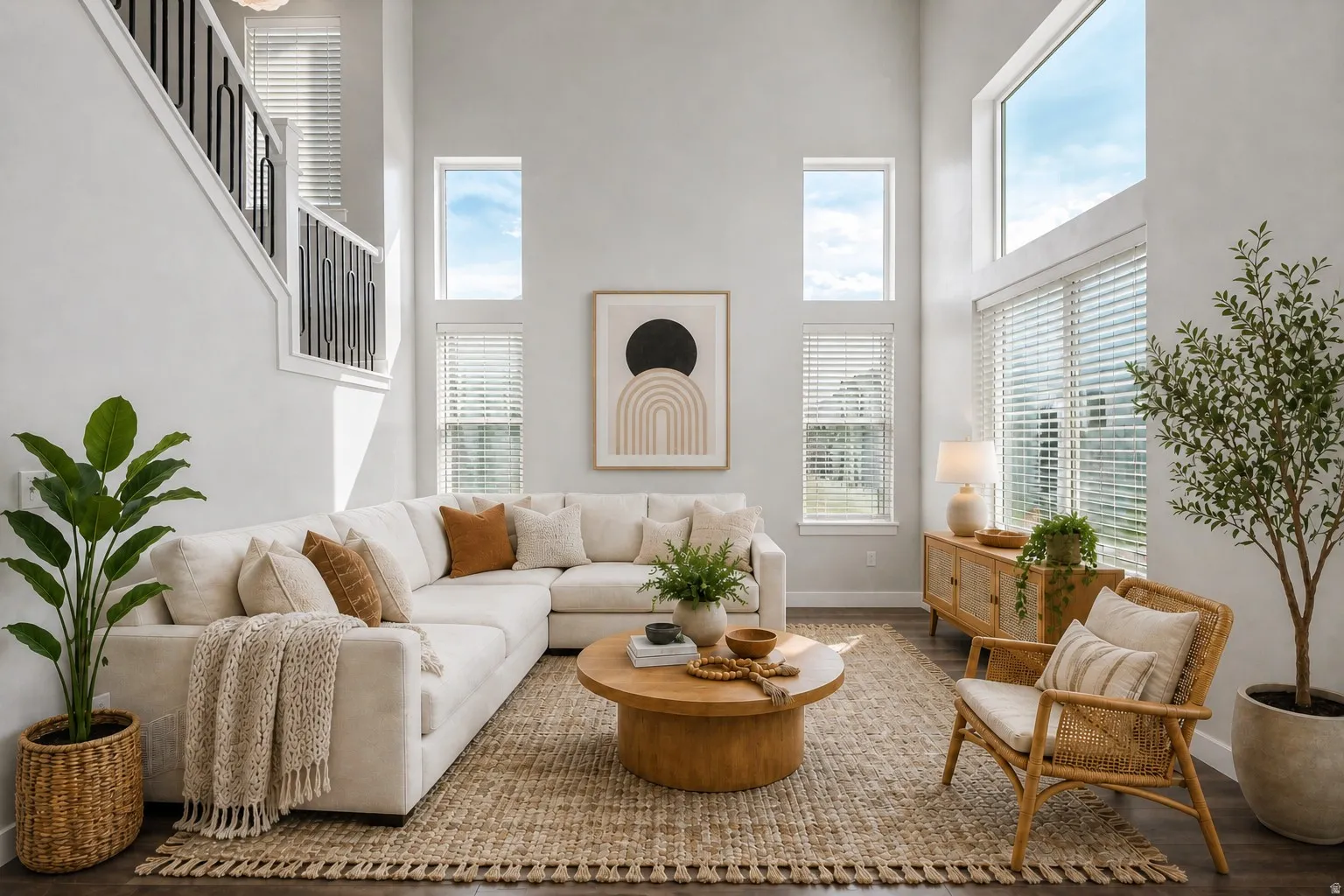 Virtually staged for decor ideas. Two-story living area featuring high ceilings, dark wood-finish flooring, and multiple large windows that bring in beautiful natural lighting.