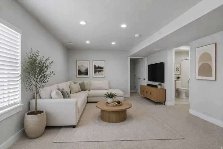 Virtually staged family room for decor ideas. Recessed lighting, light-toned carpeting, window with blinds, and a full bathroom with a toilet and shower.