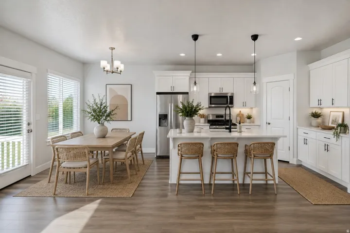Virtually staged for decorating ideas. Open-concept layout with wood-finish flooring, white cabinetry, and stainless steel appliances. Virtually staged for decor ideas.