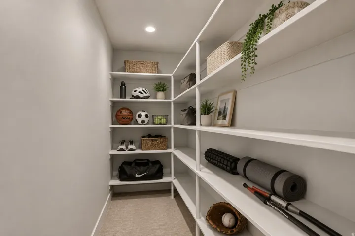 Basement storage area with recessed ceiling lighting, extensive built-in shelving, white wall finishes, and light-toned carpet flooring
