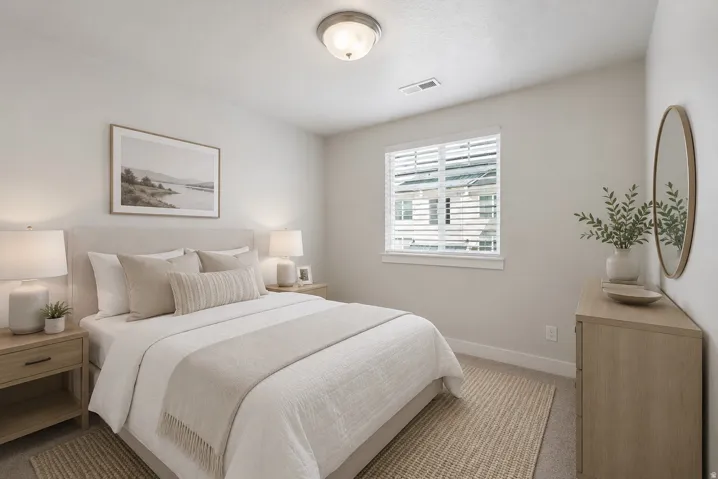 Recessed window with blinds, overhead flush-mount lighting, new carpet, and light-toned wall paint