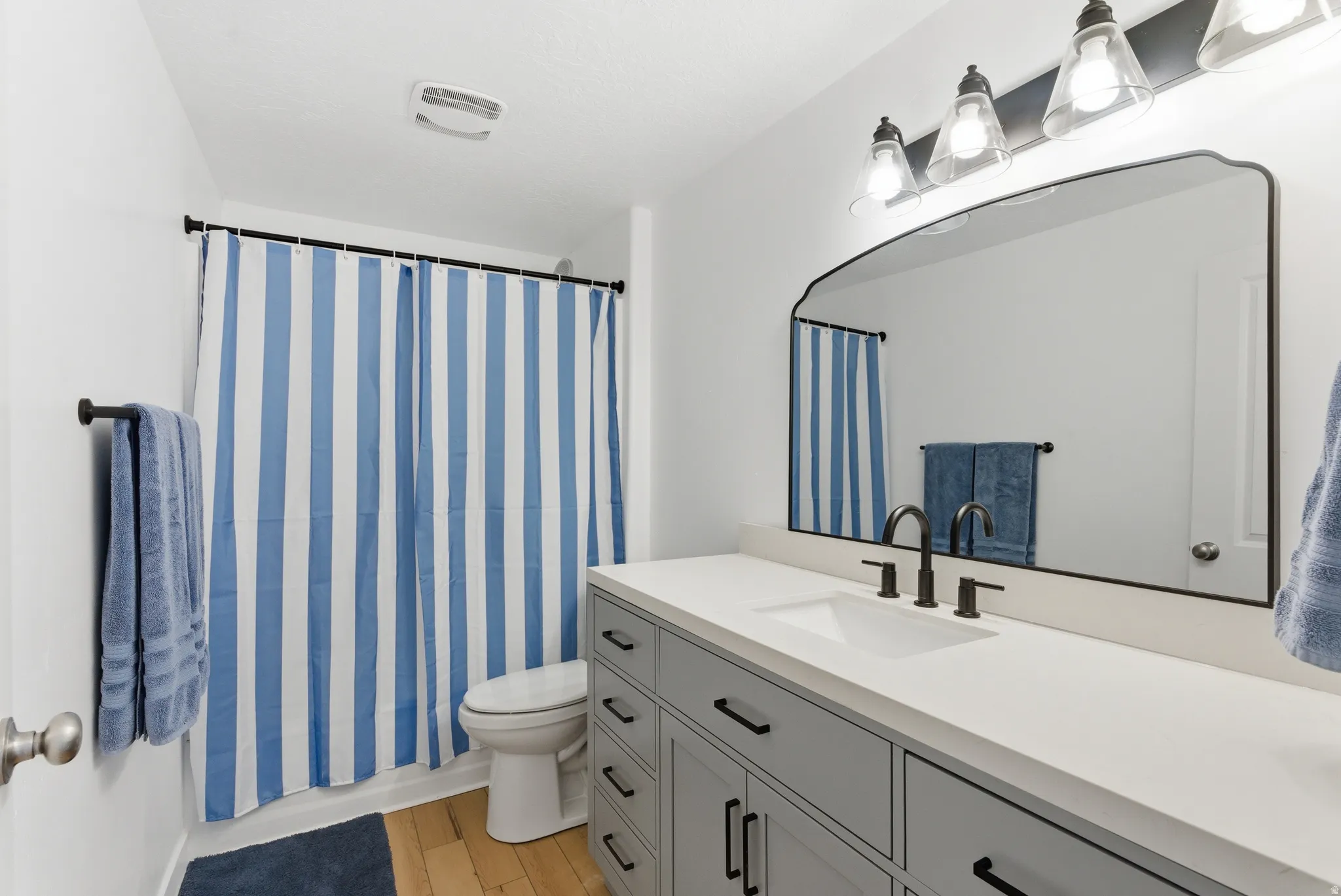 Bathroom featuring a light-toned wood-finish floor, a white toilet, and a light-colored vanity with a built-in sink