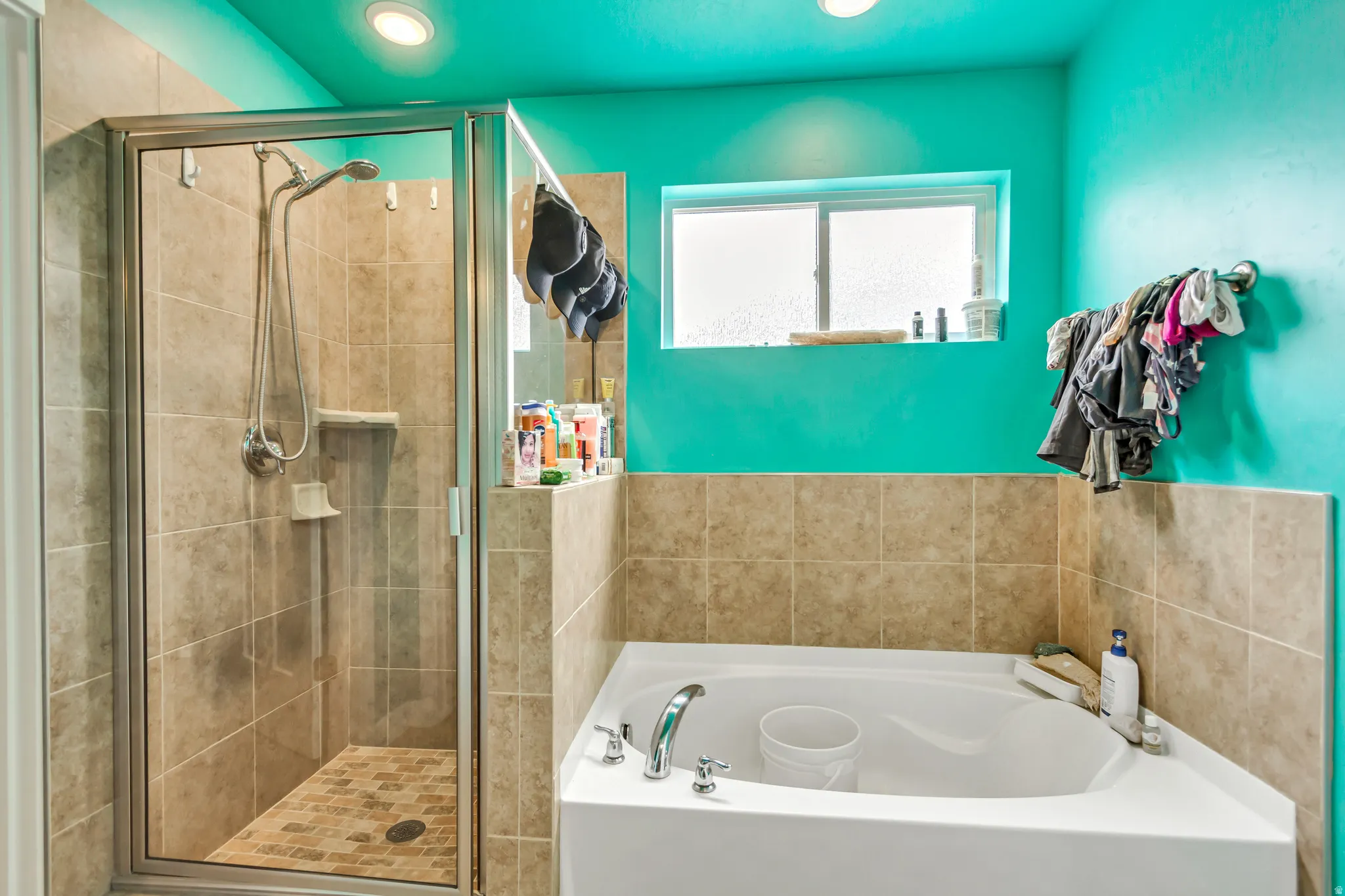 Walk-in shower with glass enclosure, separate soaking tub, and tiled surrounds