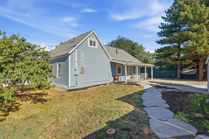 Spacious backyard with 2 peach trees.