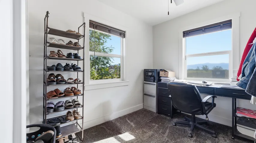 Window with outdoor scenery, ceiling fan, and carpeted flooring