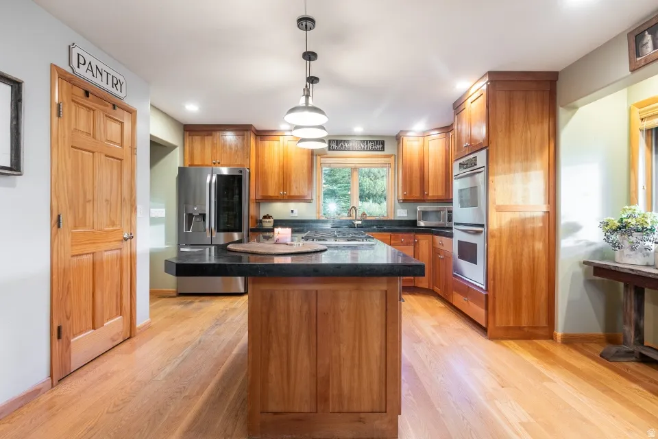 Hardwood flooring, wood cabinetry, stainless steel double wall oven, stainless steel refrigerator, and dark countertops
