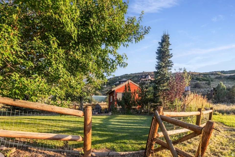 Grassed yard area, wood fence with wire mesh, mature trees, and a distant red-sided structure