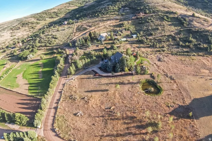 Expansive property featuring a large residence, winding driveway, established trees, and a private pond