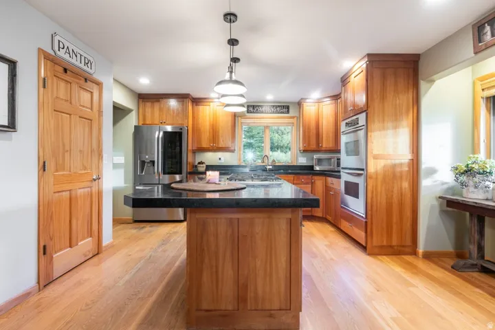 Hardwood flooring, wood cabinetry, stainless steel double wall oven, stainless steel refrigerator, and dark countertops