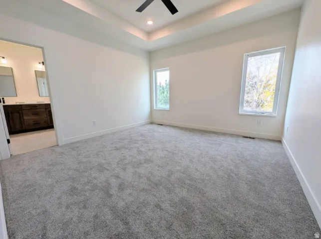 Tray ceiling with recessed lighting and a ceiling fan