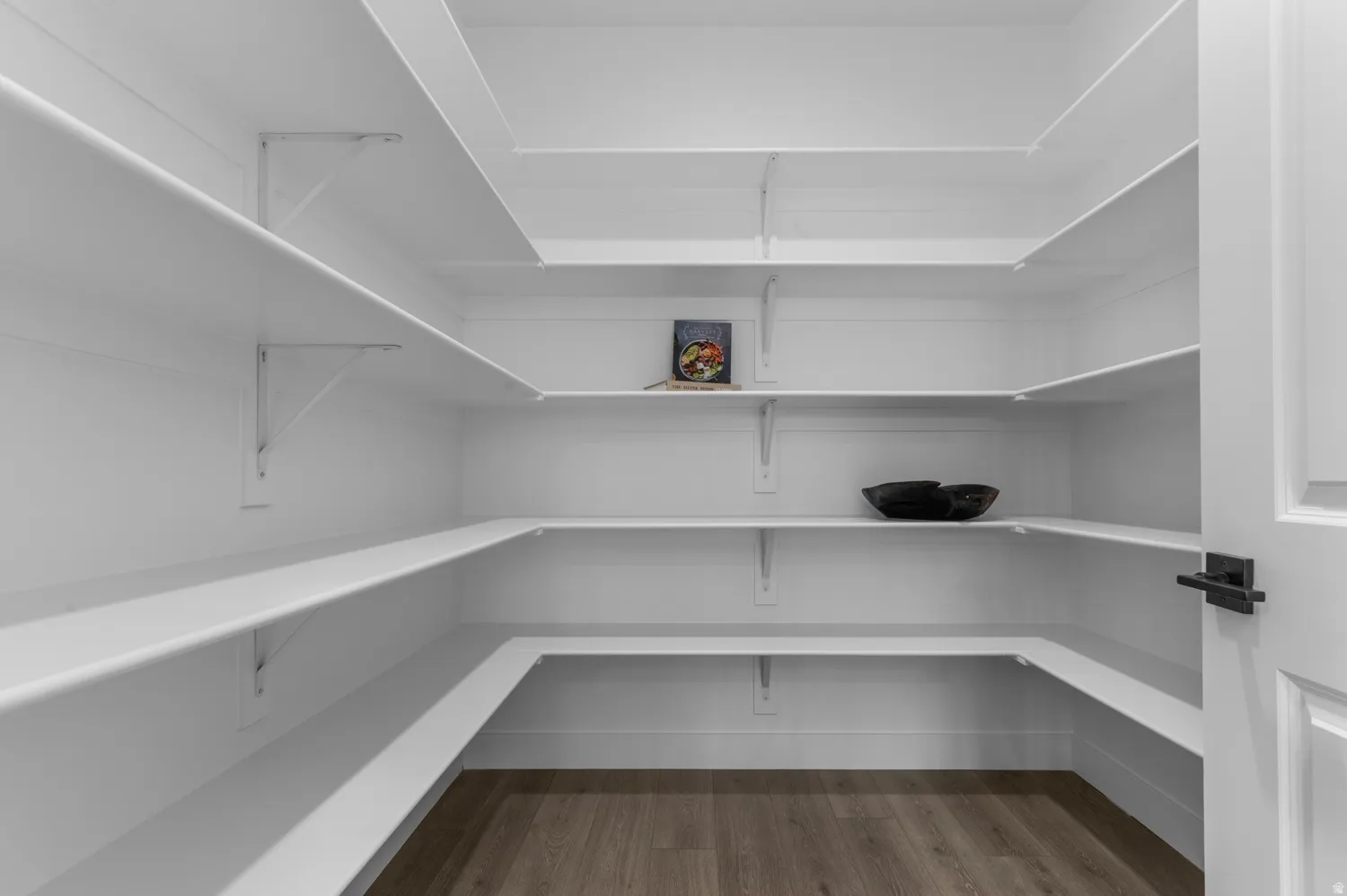 Walk-in pantry with extensive shelving, wood-finish flooring, and a paneled door with matte black hardware