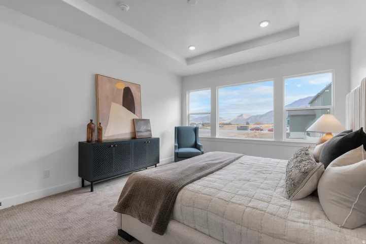 Tray ceiling with recessed lighting, large windows, and carpeted flooring