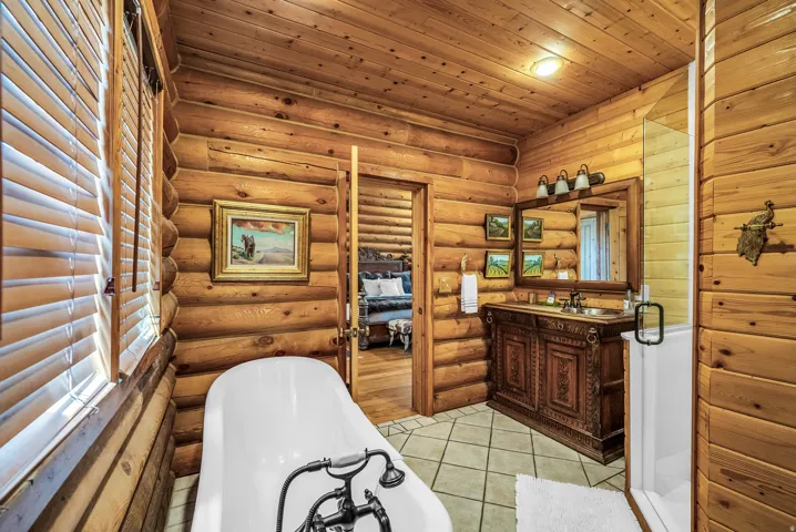 Wood-paneled walls and ceiling, classic clawfoot tub with a shower attachment, vanity with an integrated sink, wall-mounted light fixture, and tiled flooring