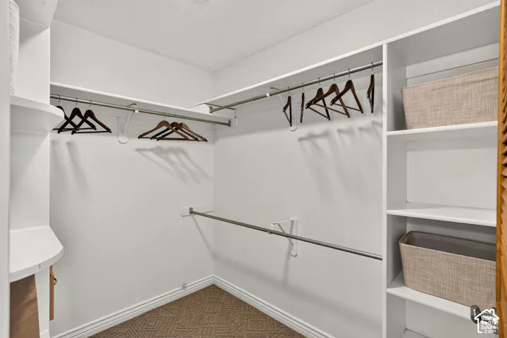Built-in closet shelving, multiple hanging rods, and patterned carpet flooring