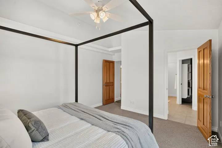 Tray ceiling with recessed lighting, ceiling fan, warm wood-finish doors, and plush carpet flooring