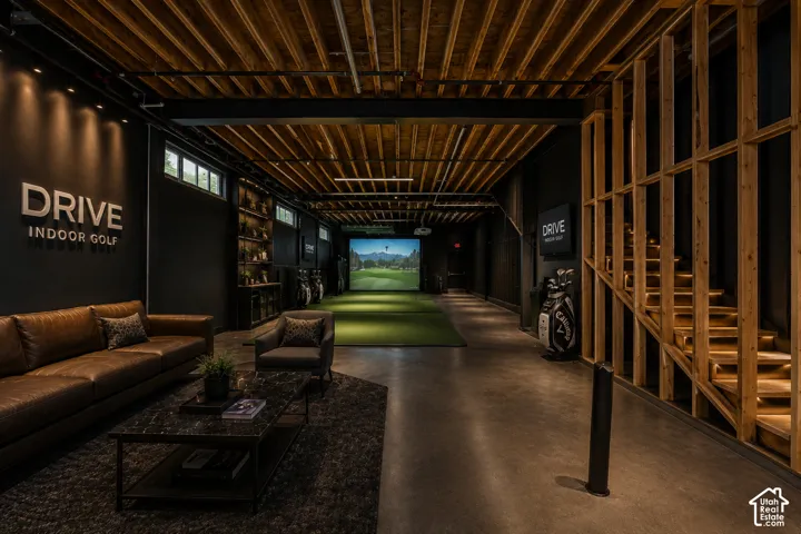 Exposed wood beam ceiling with recessed lighting
