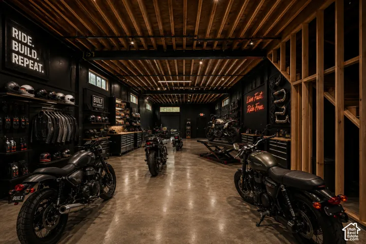 Exposed wood beam ceiling, polished concrete flooring, built-in black cabinetry with solid surface countertops, and recessed lighting