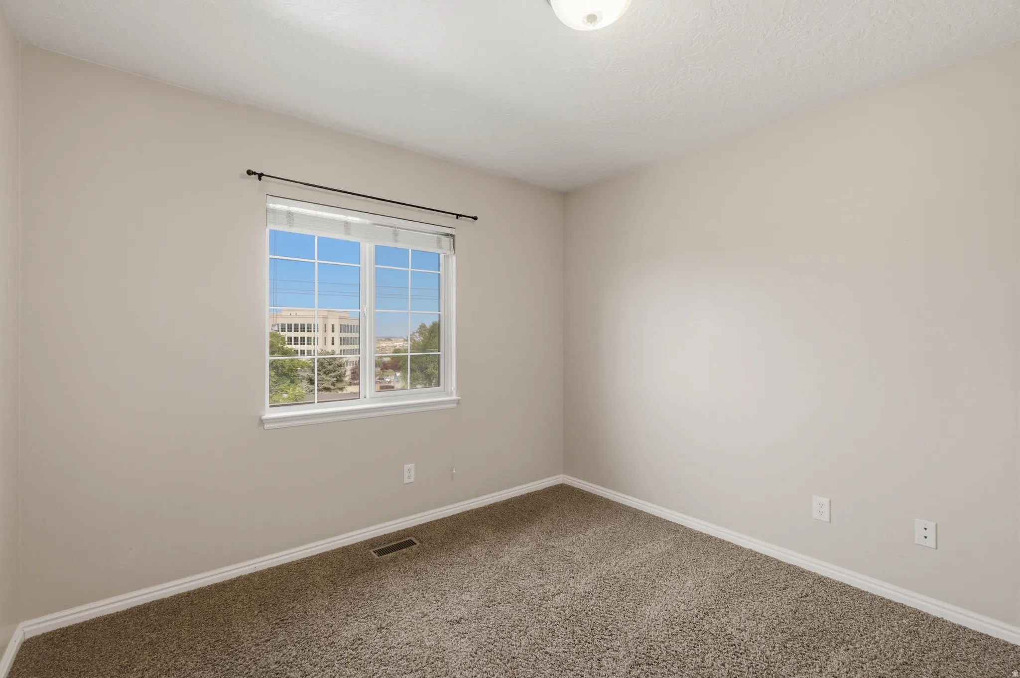 Bright, light-filled bedroom with expansive window featuring multiple panes and contemporary frame, neutral wall finishes, and plush carpeting throughout