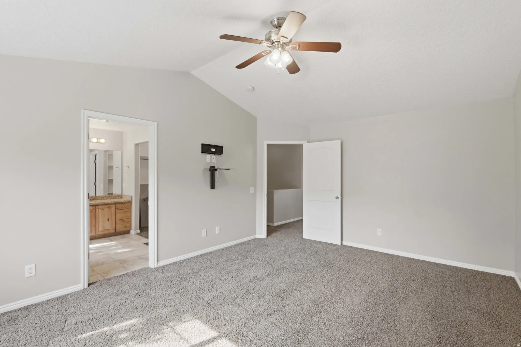 Spacious bedroom with neutral wall finishes, plush carpeting, and abundant natural light