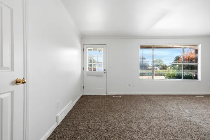 Wall-to-wall carpeting with a front entry door featuring a window panel