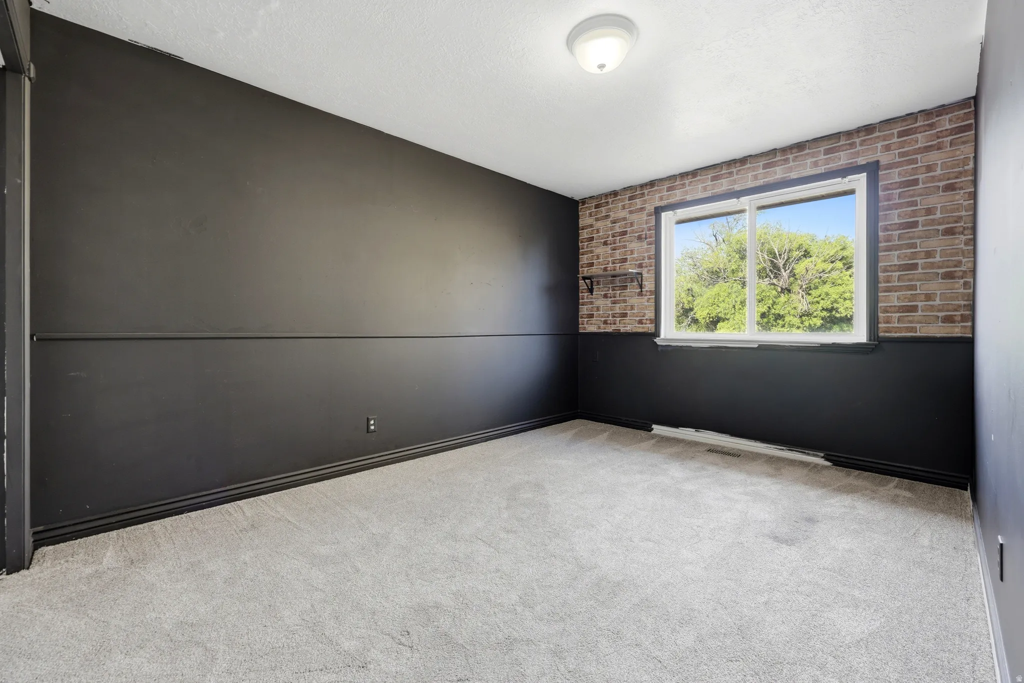 Spacious room featuring neutral carpeting, black accent wall paneling, exposed brick detailing, and a large window with natural light and outdoor scenery