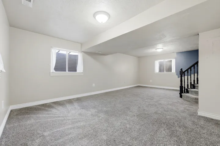 Spacious room featuring neutral carpeting, light-toned walls, and multiple windows