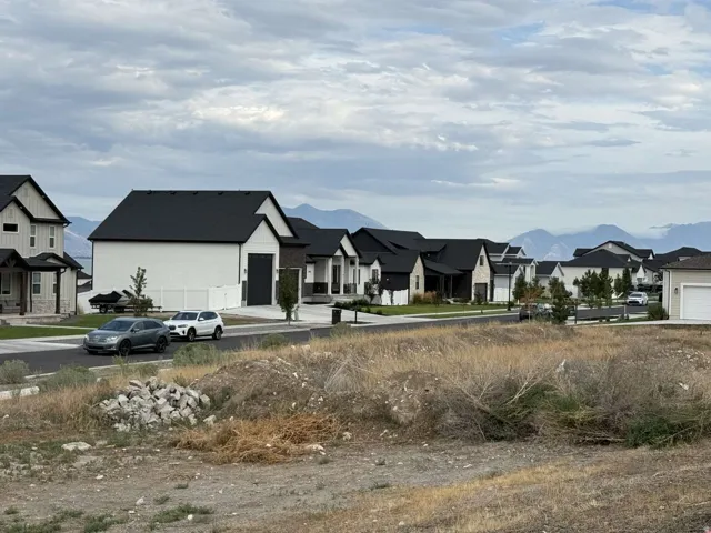 Charming residential community featuring modern architectural design with peaked rooflines, white and dark exterior finishes, and attached garages