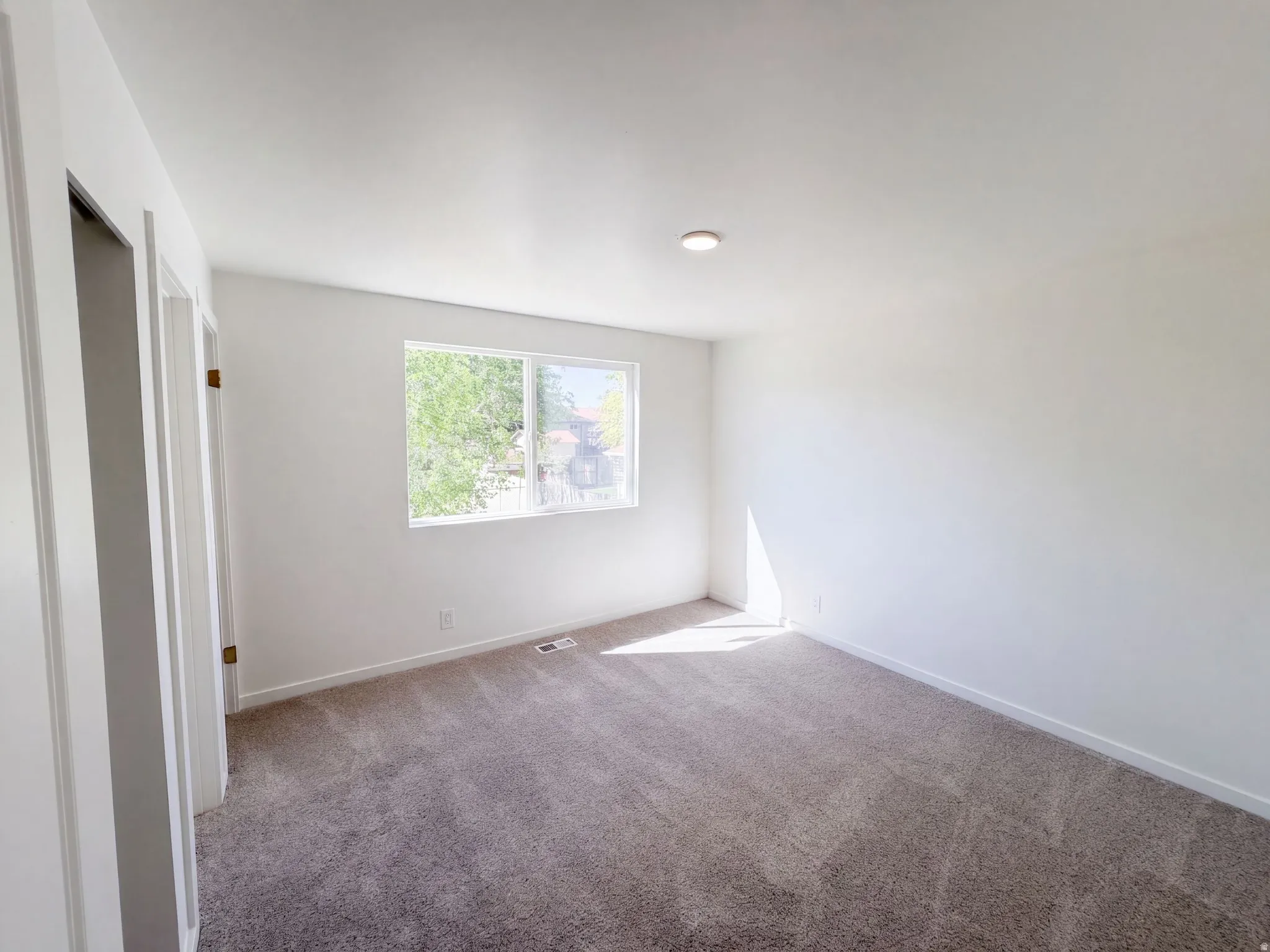 Wall-to-wall carpeting and white walls in a bright room with a single window