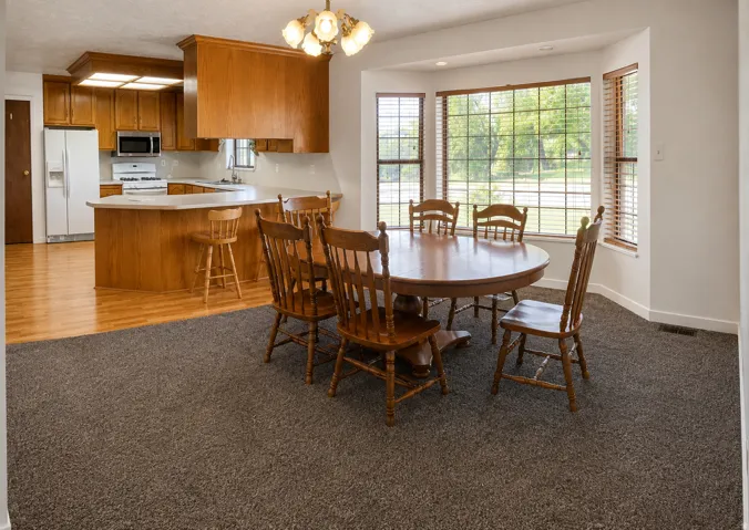 Kitchen featuring wood cabinetry, white appliances, and a peninsula with seating
