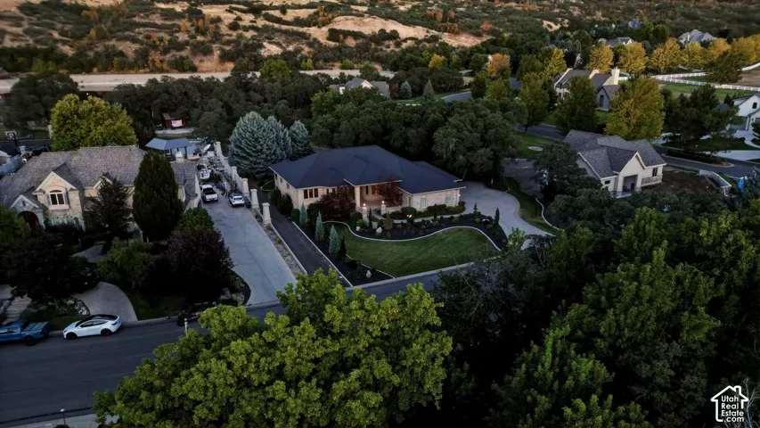 Expansive property featuring a circular driveway, mature trees, manicured landscaping, and a dark shingle roof