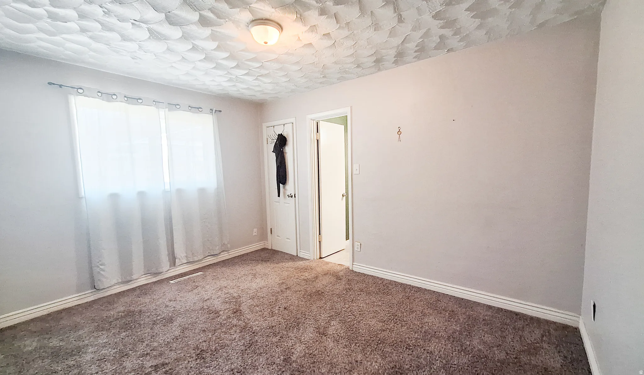 Spacious bedroom offering neutral wall finishes, plush carpeting, and abundant natural light from large windows