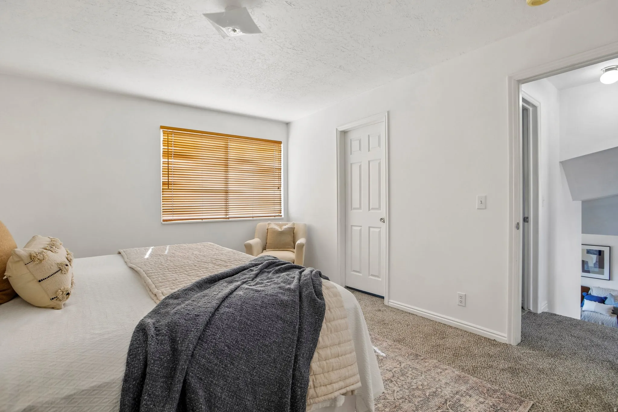 Carpeted room featuring a window with wood-finish blinds, a white paneled door, and white walls
