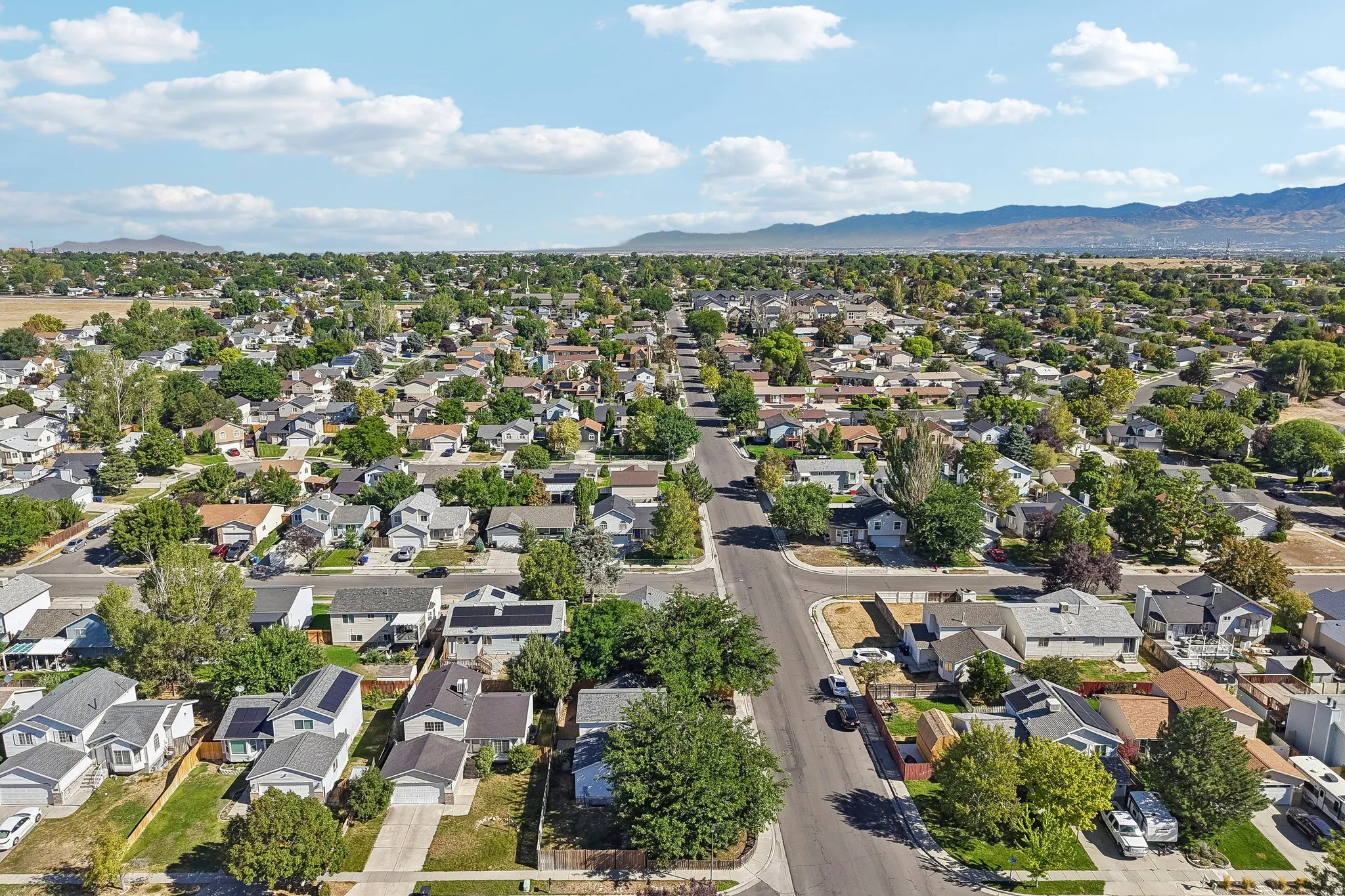 Established neighborhood with mature trees and a residential street layout