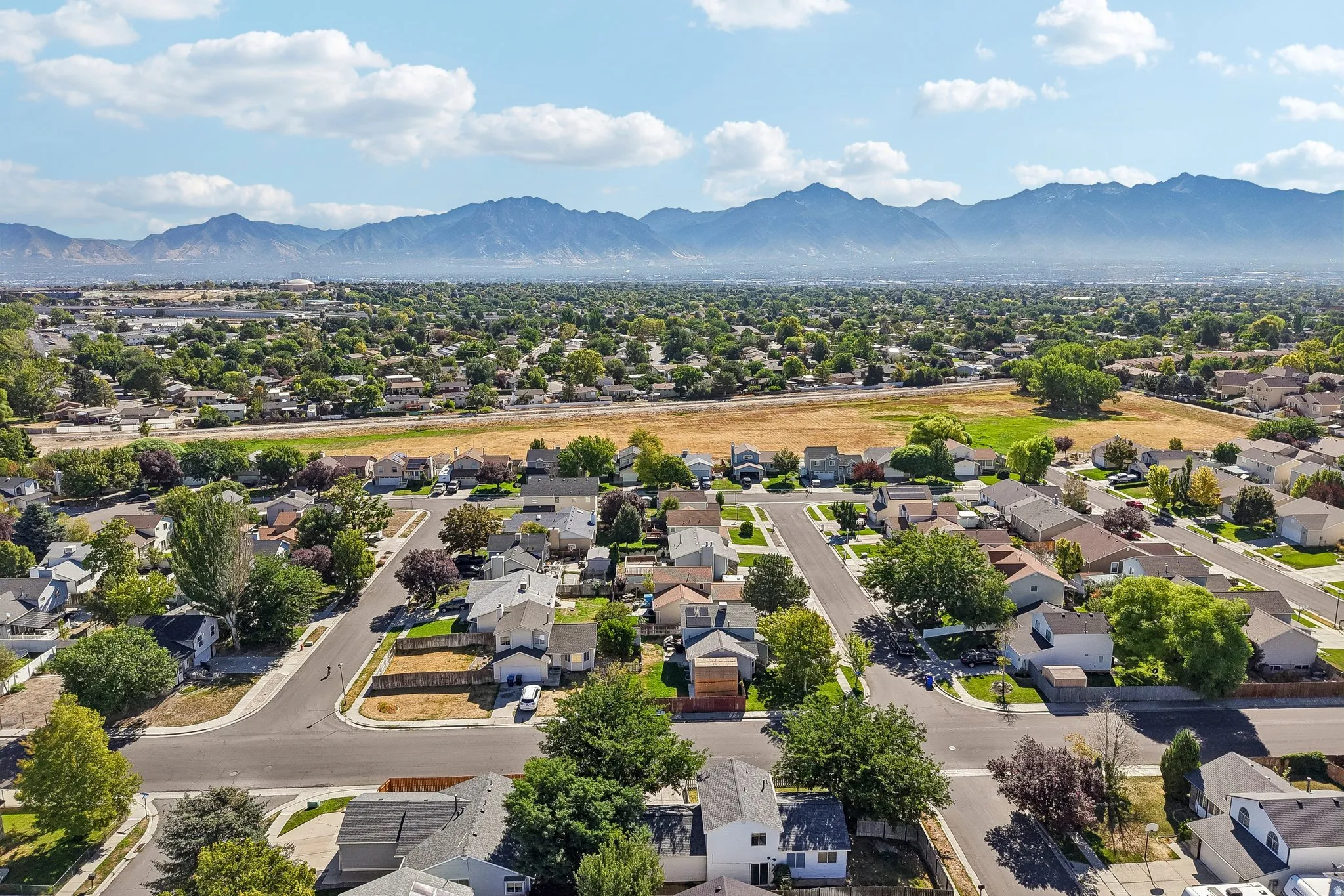 Residential neighborhood with established streets and mature trees, set against a backdrop of distant mountains