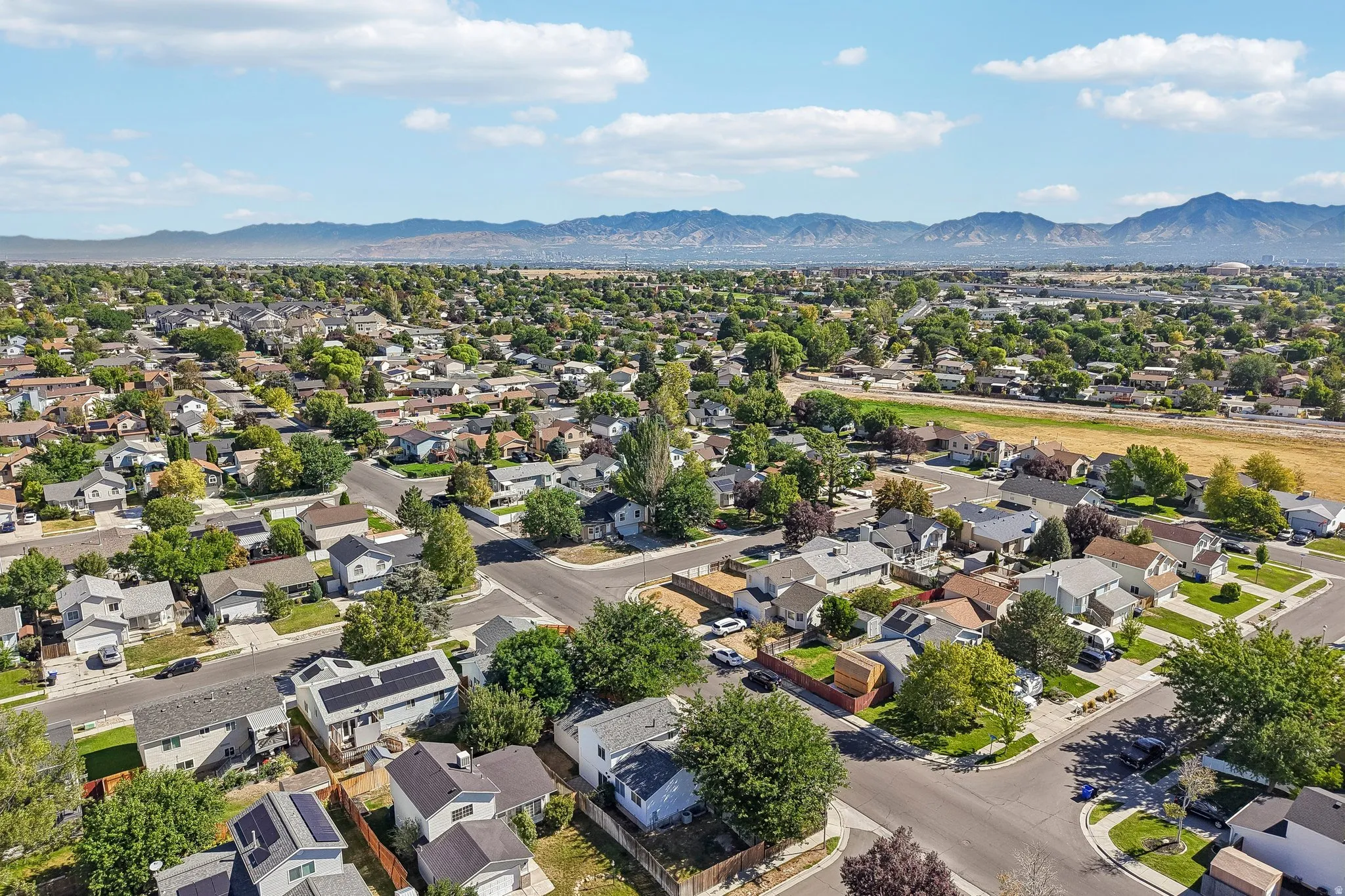 Expansive residential neighborhood featuring numerous mature trees, paved streets, and distant mountain ranges