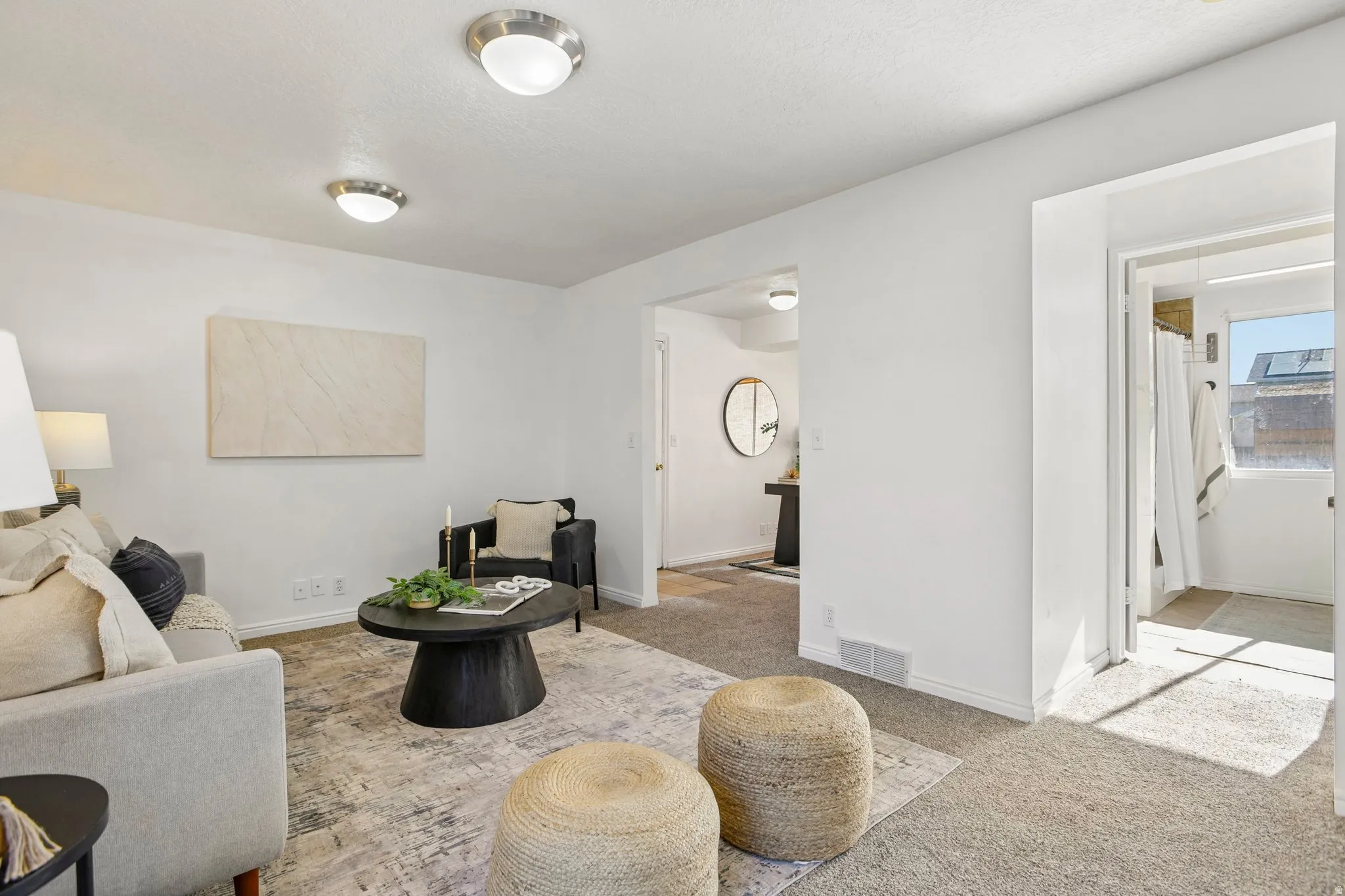 Wall-to-wall carpeting and neutral wall tones