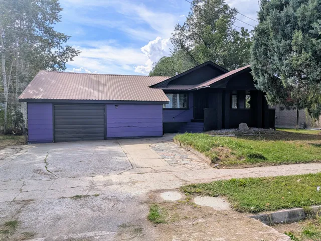 Front exterior featuring a garage, concrete driveway, and mature trees